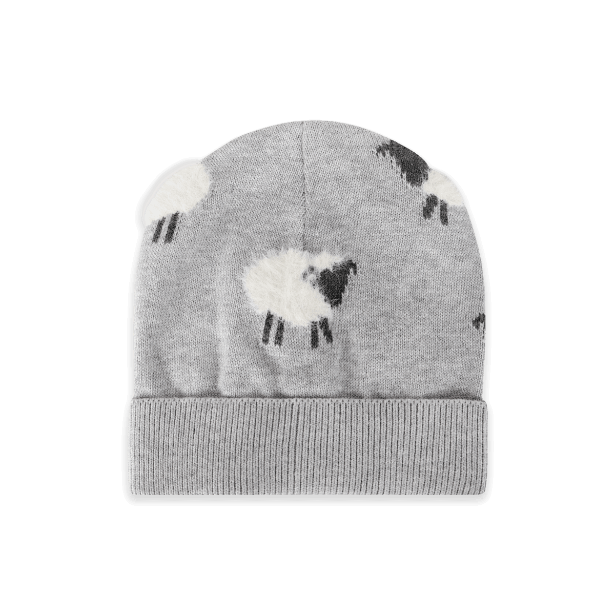 A light gray knit beanie hat featuring a pattern of stylized sheep in white and black, with a ribbed cuff, shown against a plain white background.