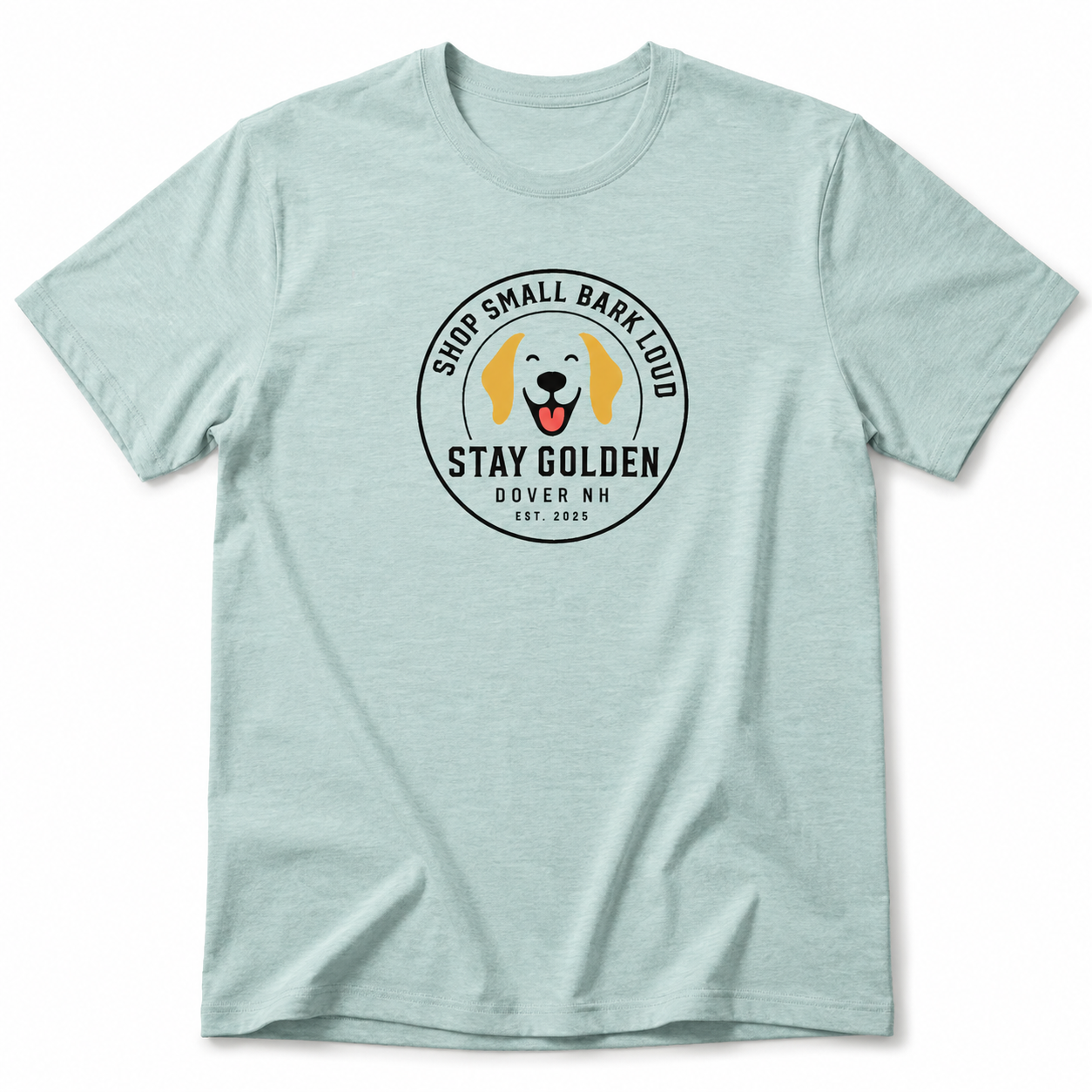 Light blue t-shirt with a logo and text on a white background