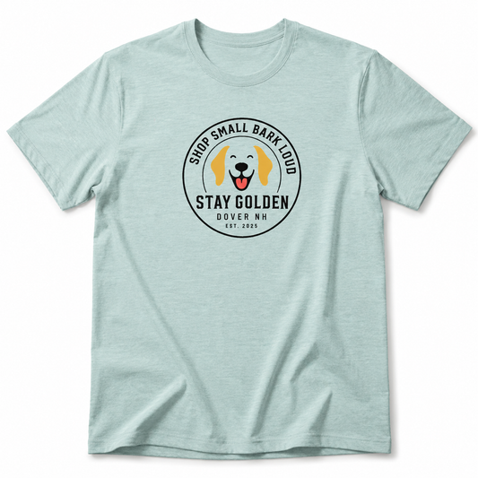 Light blue t-shirt with a logo and text on a white background