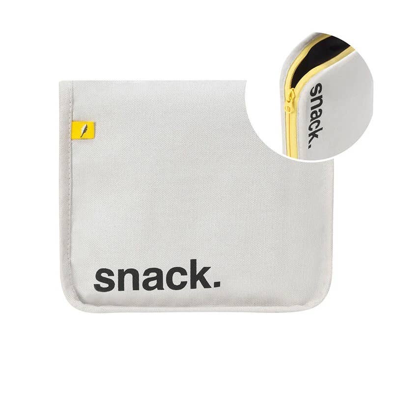 White snack pouch with 'snack.' text and a close-up of the zipper on a white background