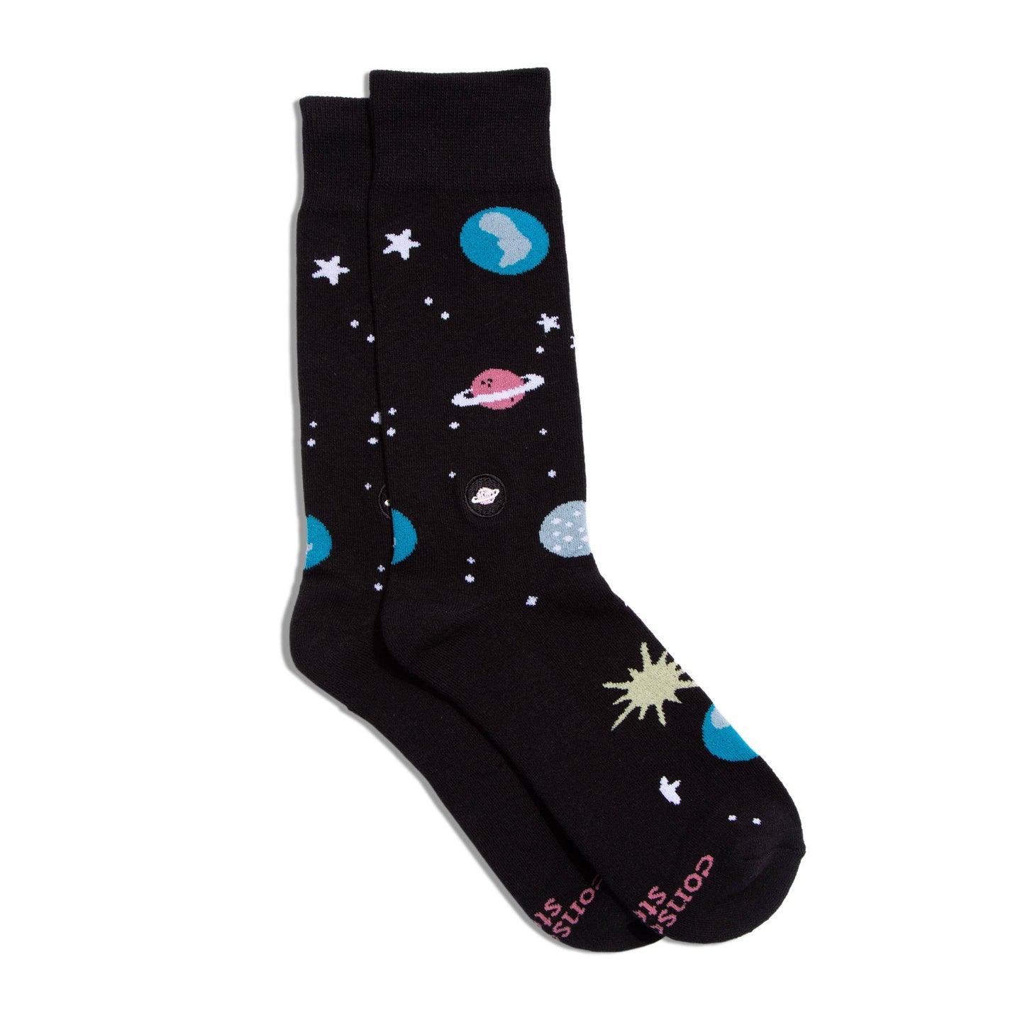 Black socks with space-themed designs on a white background