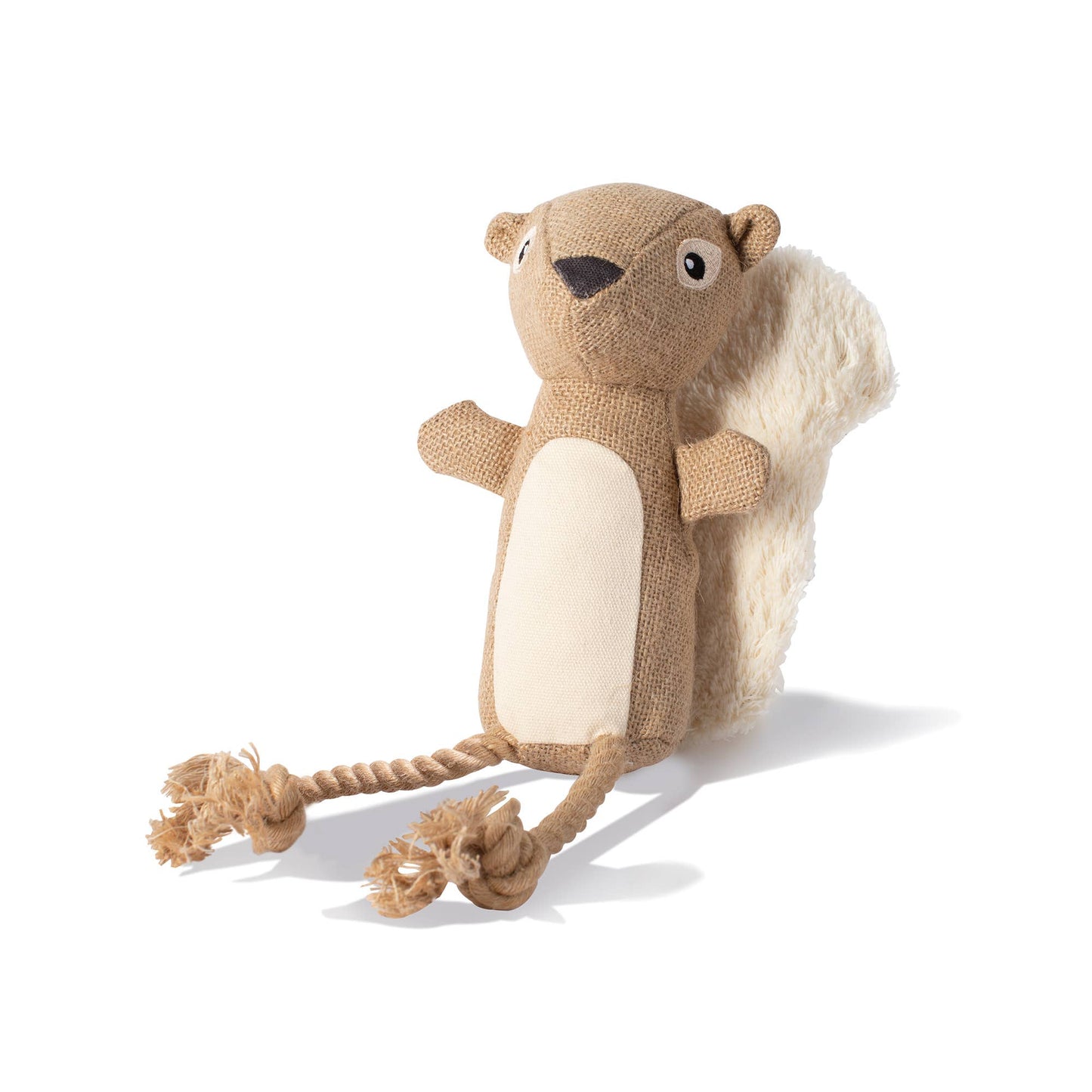 Plush squirrel toy with a rope on a white background