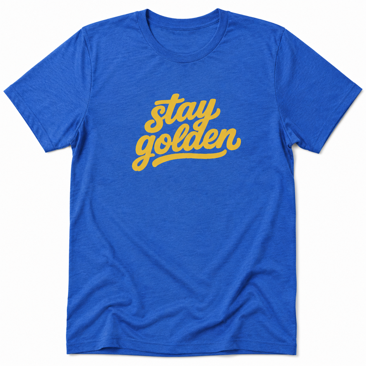 Blue t-shirt with yellow 'stay golden' text on a white background