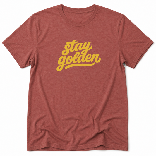 Red t-shirt with 'stay golden' text in yellow on a white background