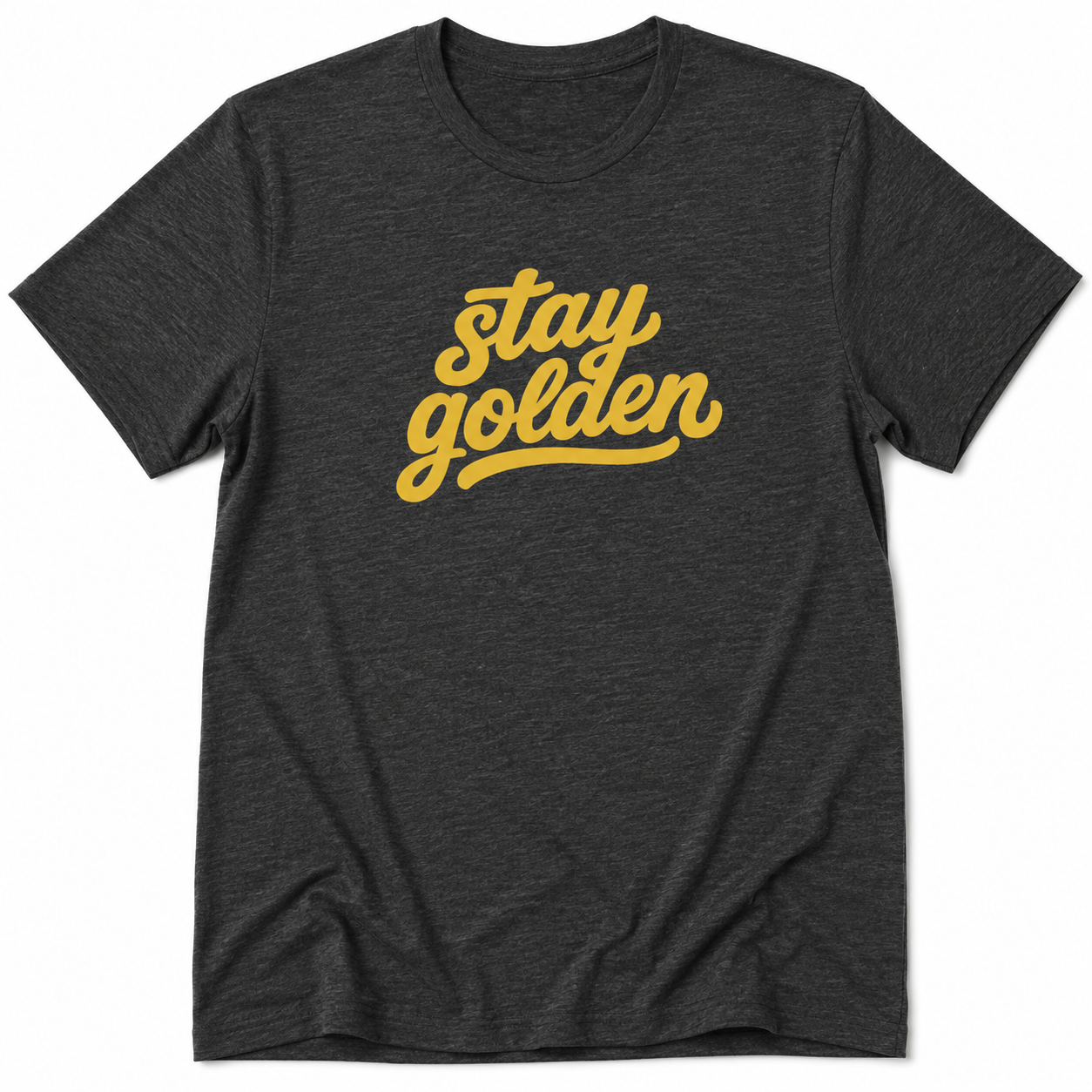 Black t-shirt with 'stay golden' text in yellow on a white background