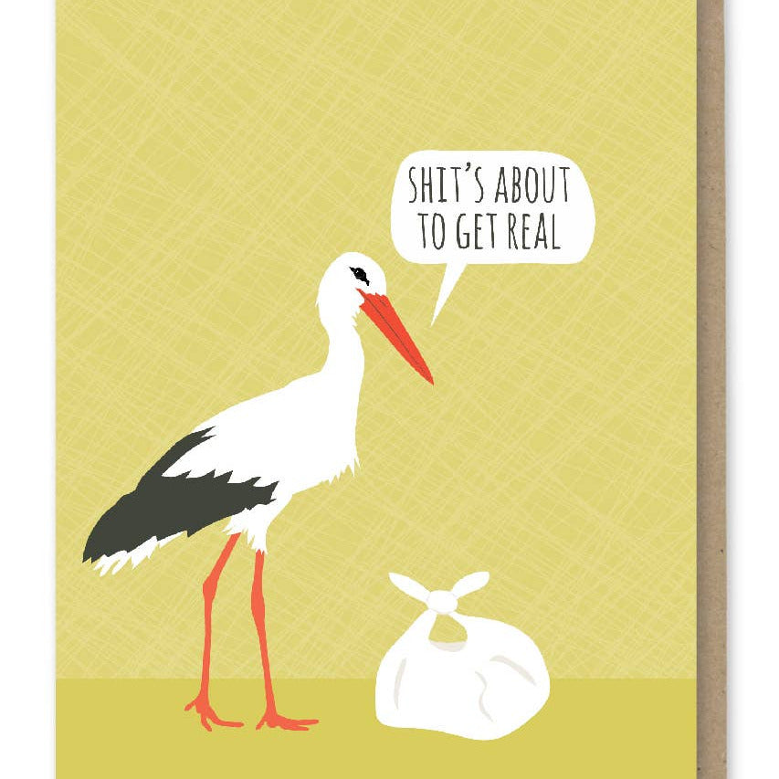 Card with a stork carrying a baby wrapped in a blanket on a yellow background