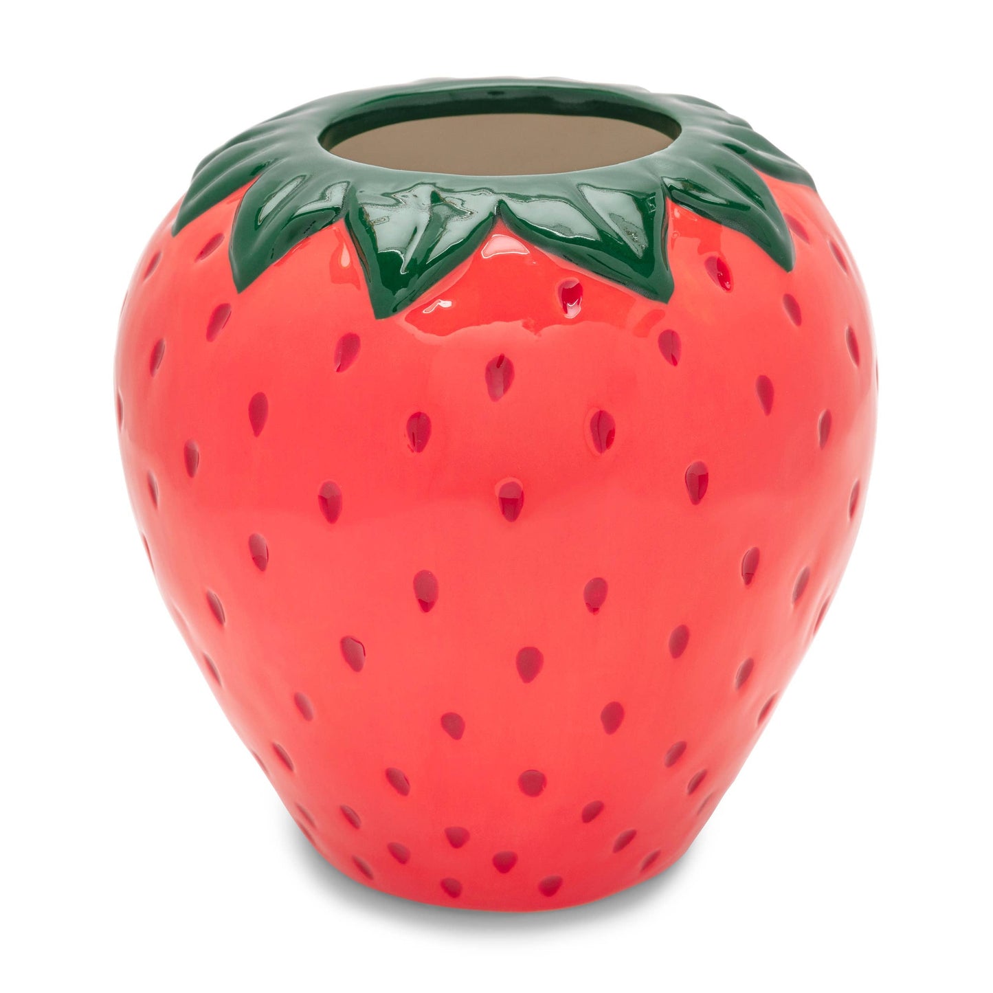 Strawberry-shaped ceramic planter on a white background