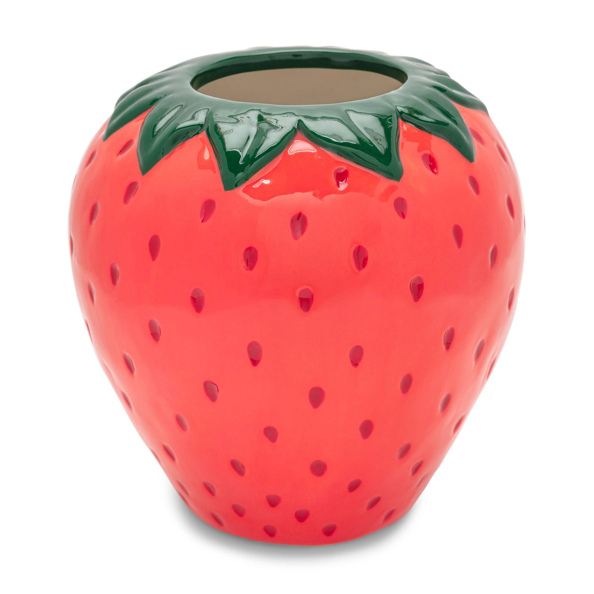 Strawberry-shaped ceramic planter on a white background
