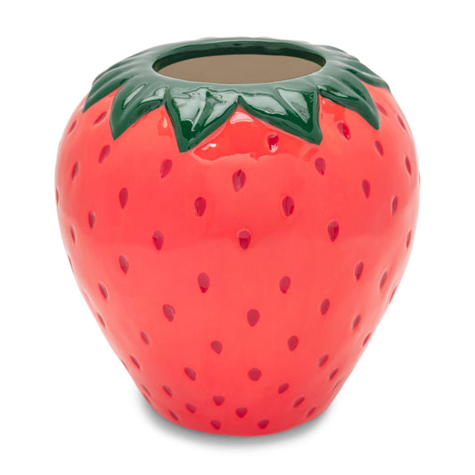 Strawberry-shaped ceramic planter on a white background