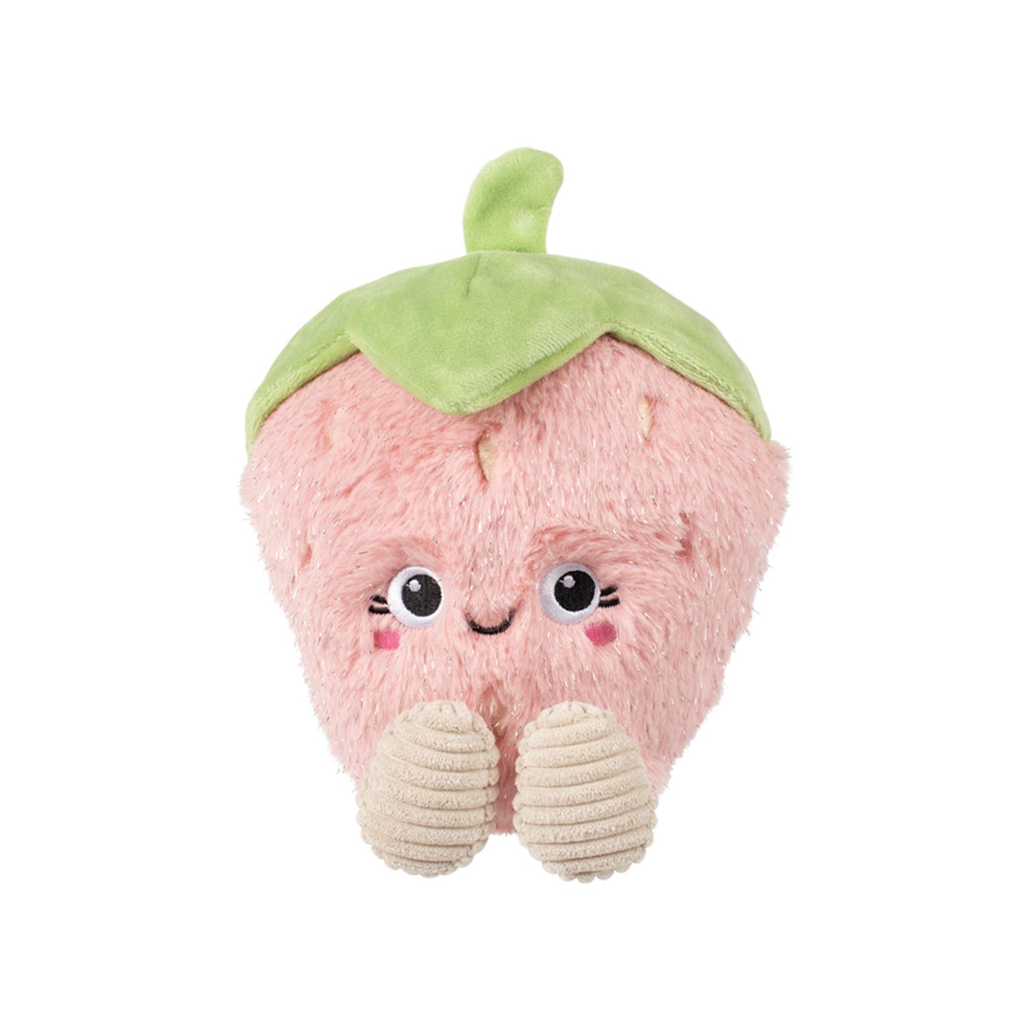 Plush toy shaped like a pink fruit with a green top on a white background