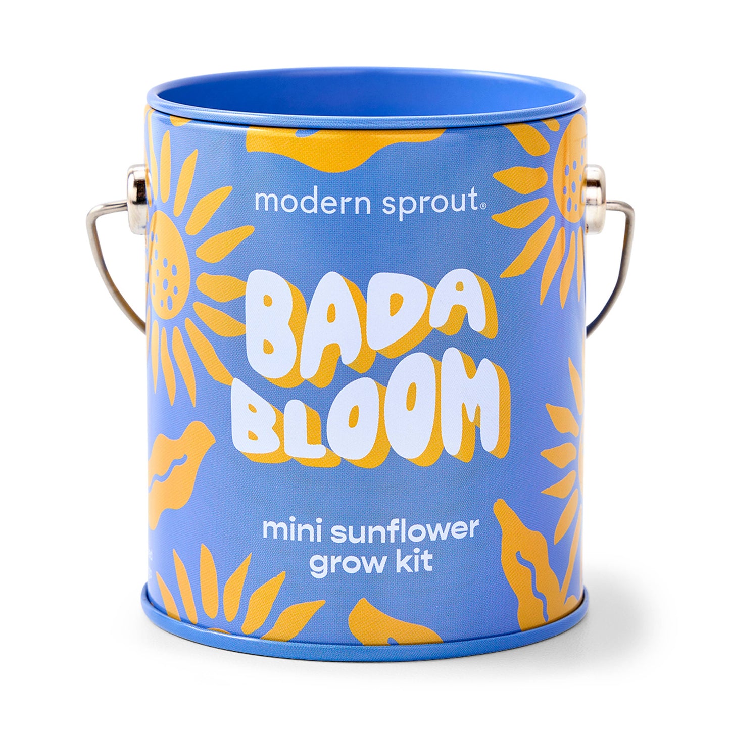 Blue bucket with 'Bada Bloom' mini sunflower grow kit by modern sprout on a white background