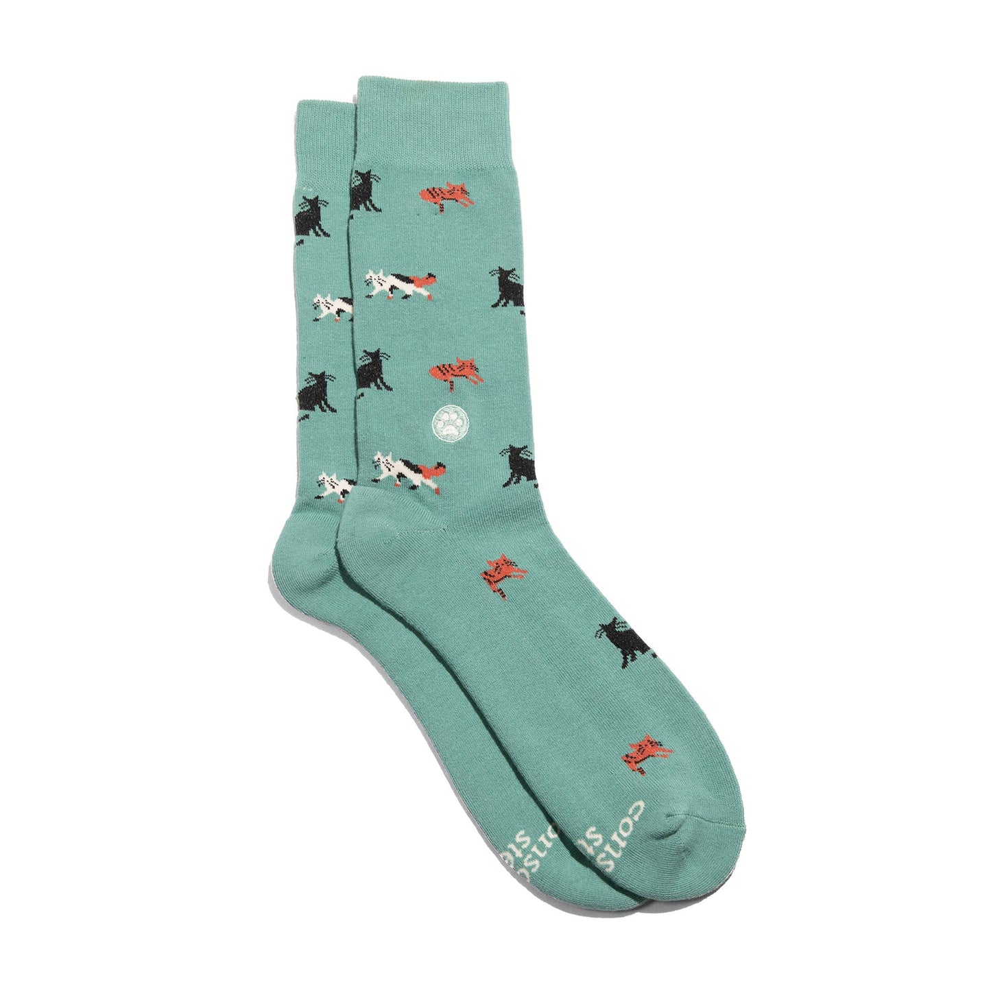 Teal socks with animal patterns on a white background