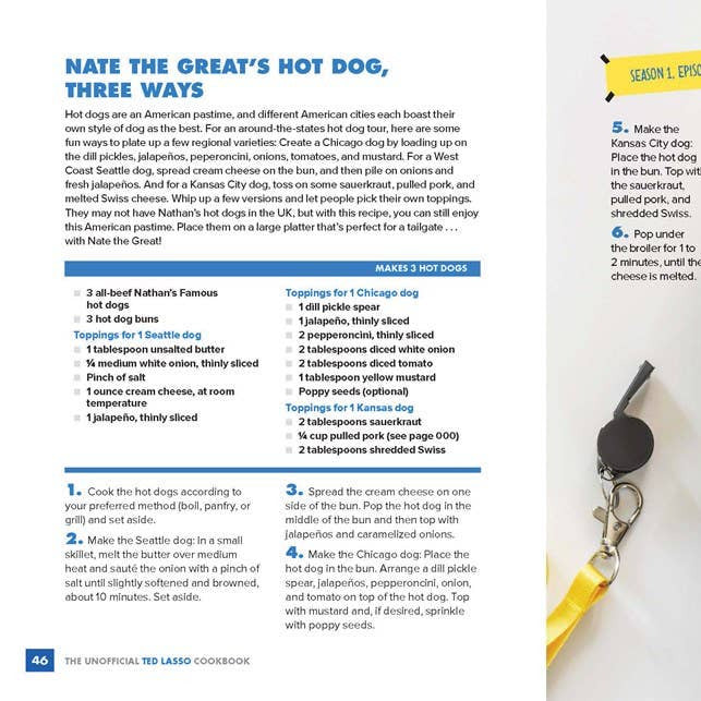 Hot dog recipe with toppings and a keychain on a white background