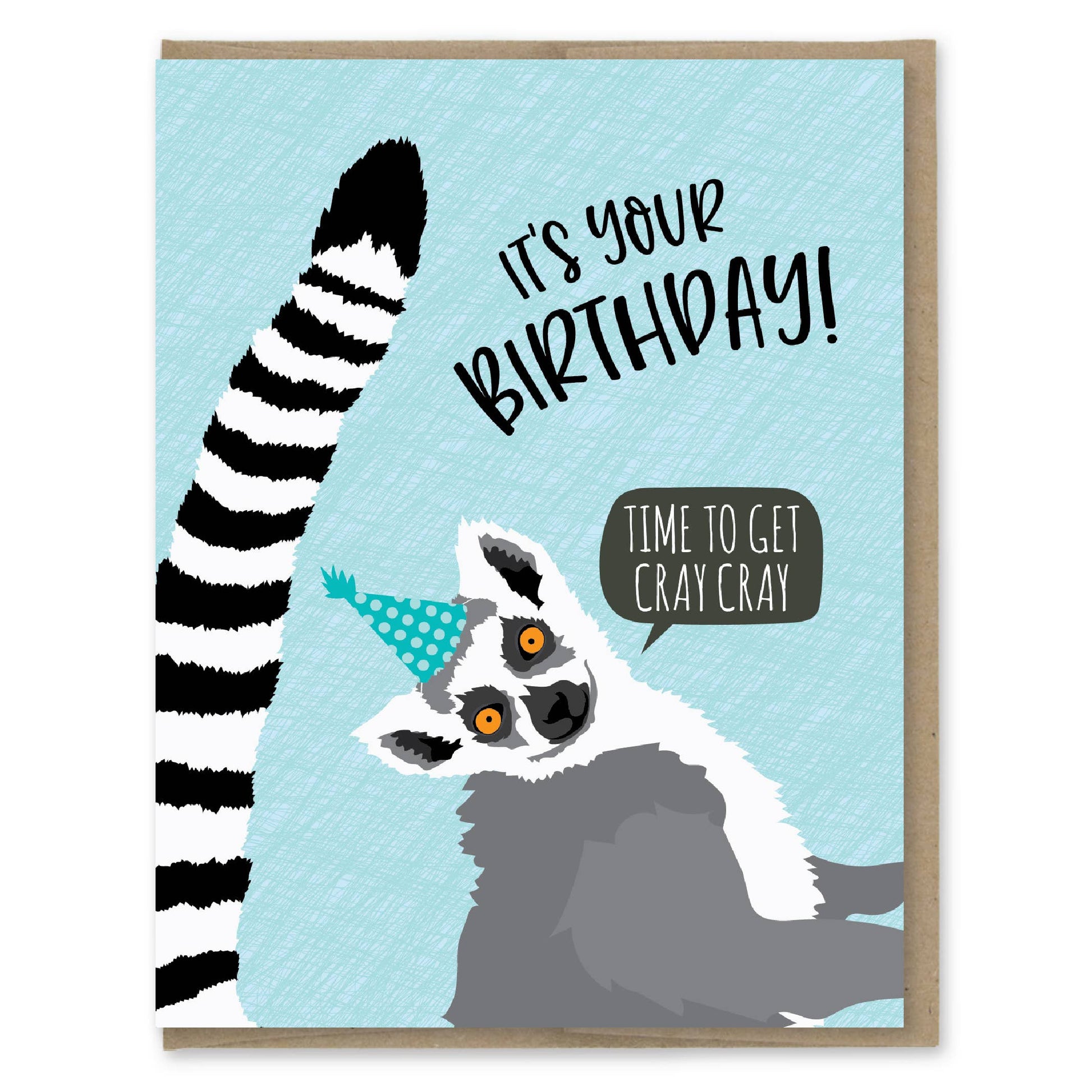 Birthday card with a lemur illustration and text on a blue background
