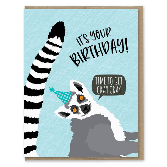 Birthday card with a lemur illustration and text on a blue background
