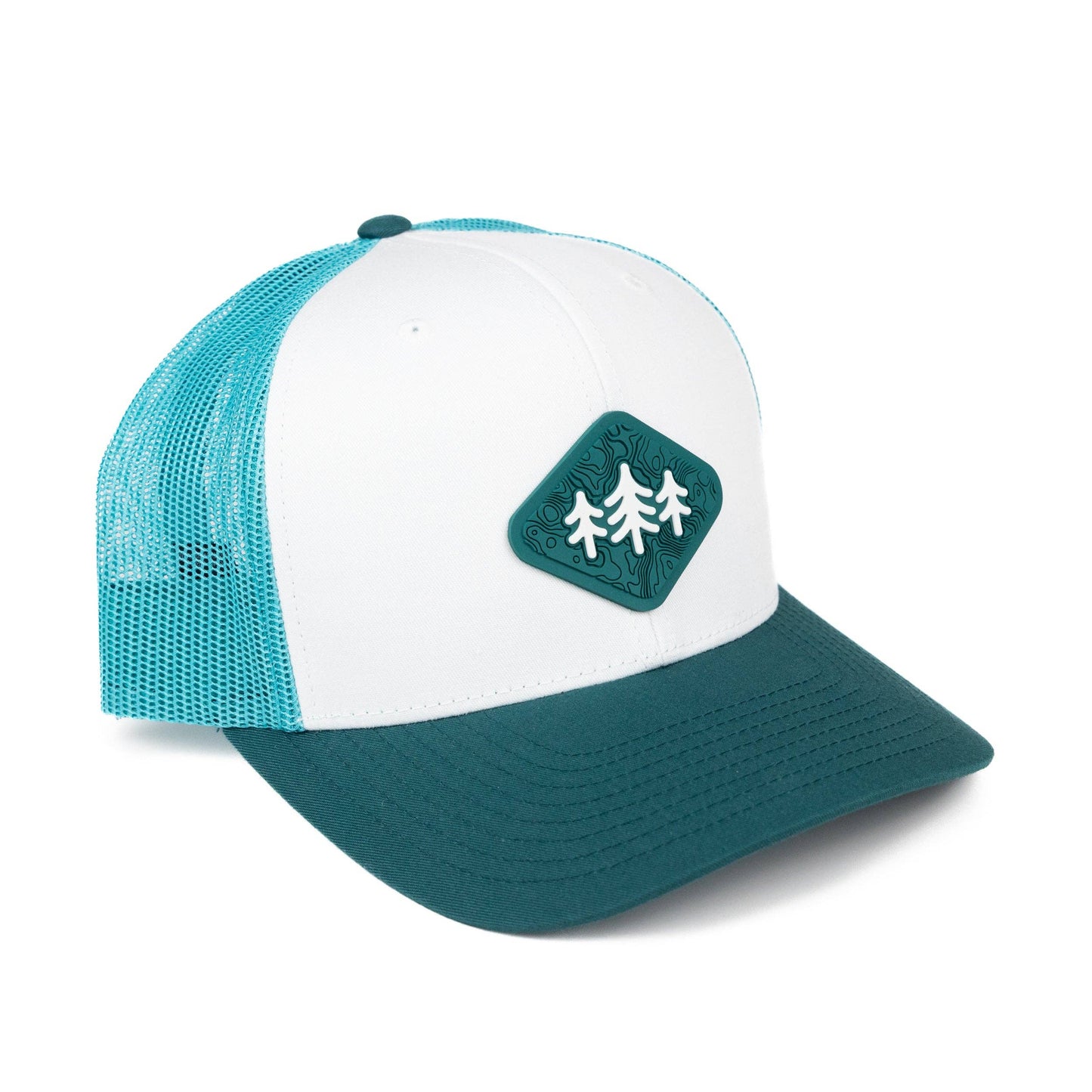 Trucker hat with teal mesh back and brim, white front panel, and green patch with tree design on a white background.