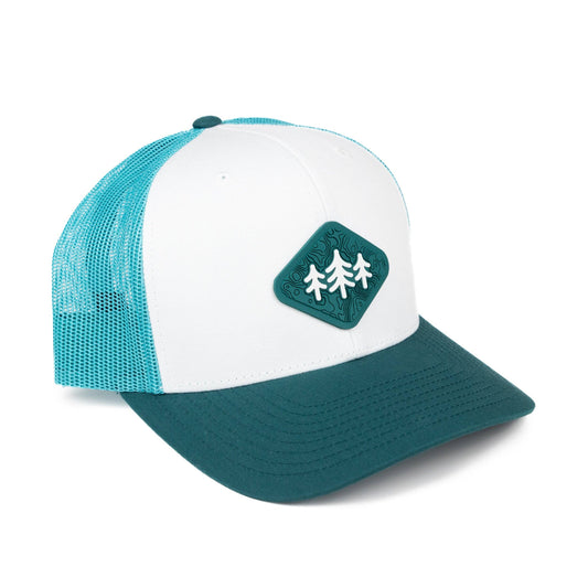 Trucker hat with teal mesh back and brim, white front panel, and green patch with tree design on a white background.