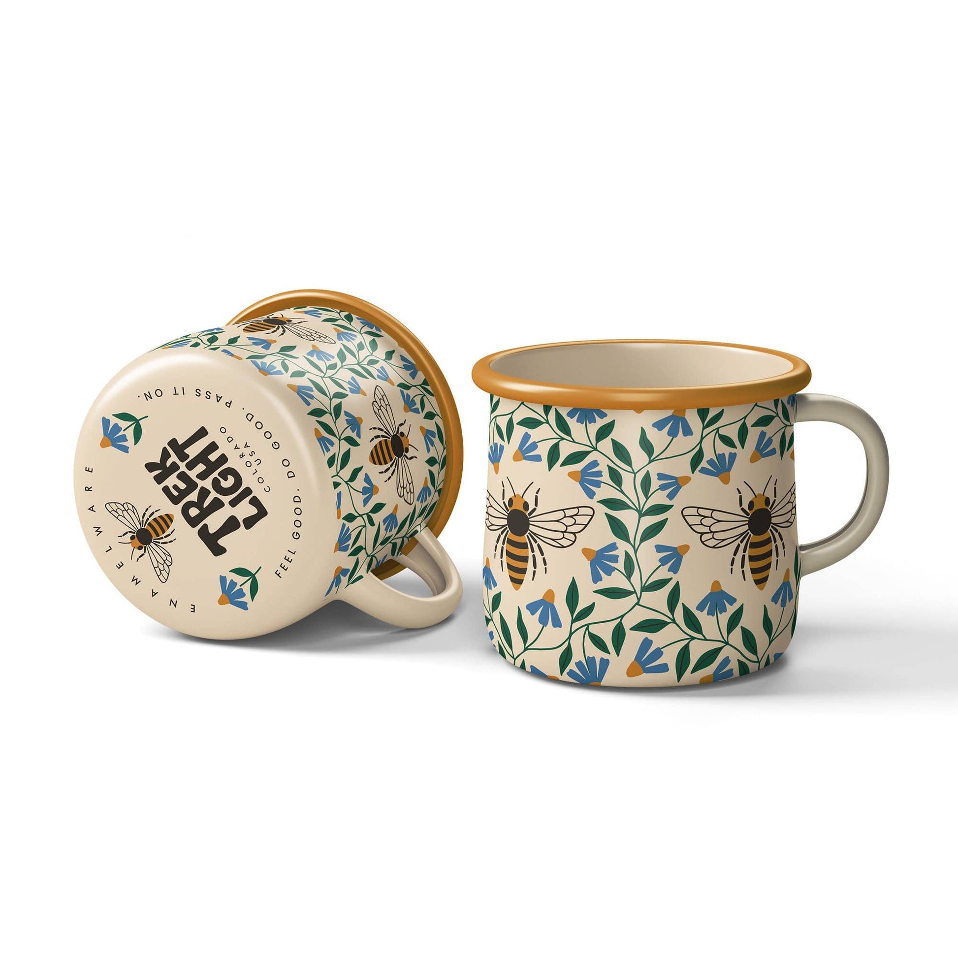 Ceramic mug and matching lid with bee and floral design on a white background