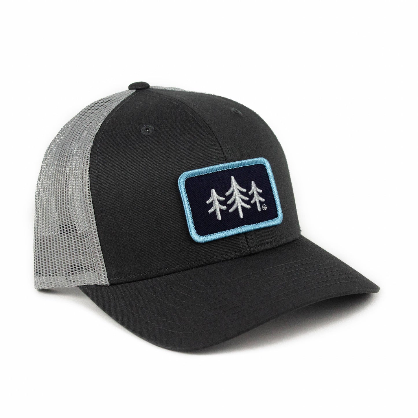 Black and gray cap with a logo patch on a white background