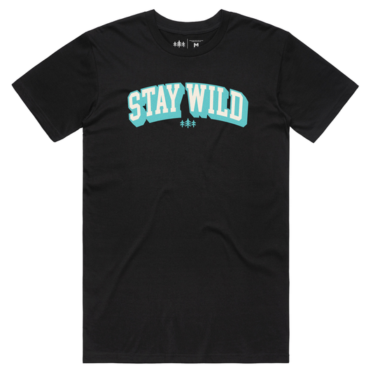 Black t-shirt with 'Stay Wild' text in teal and white on a white background