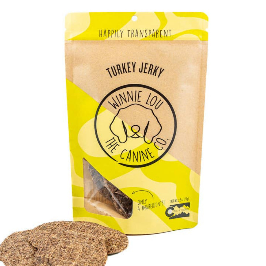 Package of Wannie Lou the Canine turkey jerky with two jerky sticks on a white background