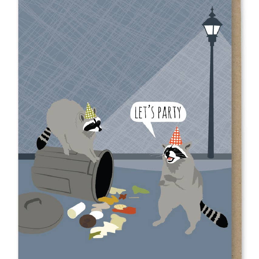Two raccoons in party hats around a trash can with food scraps, saying 'Let's Party' on a blue background.