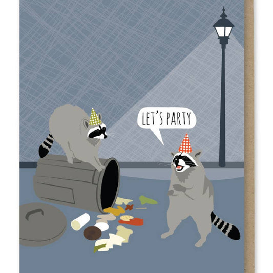 Two raccoons in party hats around a trash can with food scraps, saying 'Let's Party' on a blue background.
