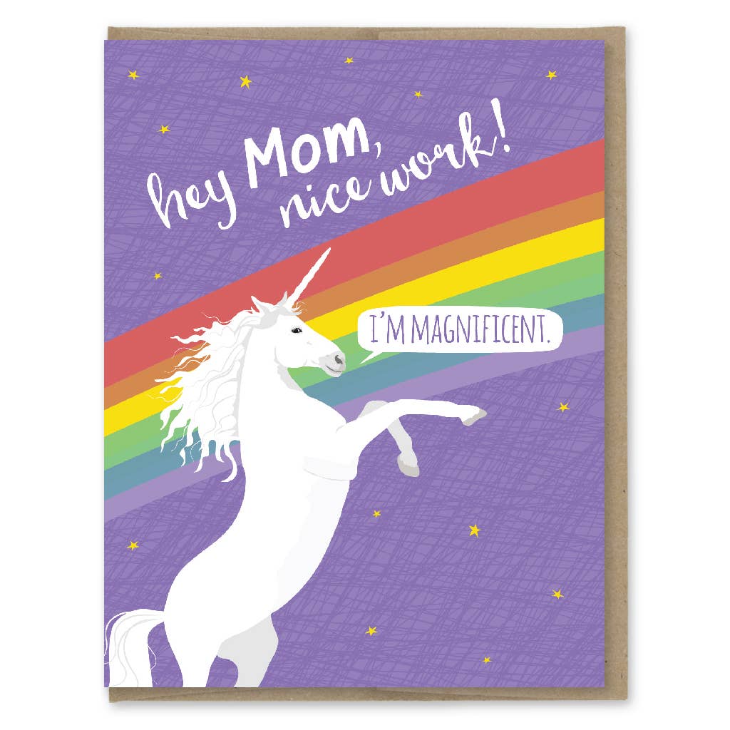 Greeting card with raccoons holding signs on a pink background
