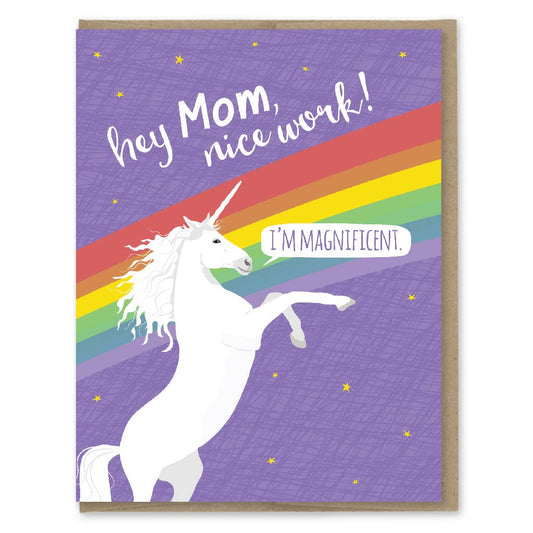 Greeting card with raccoons holding signs on a pink background