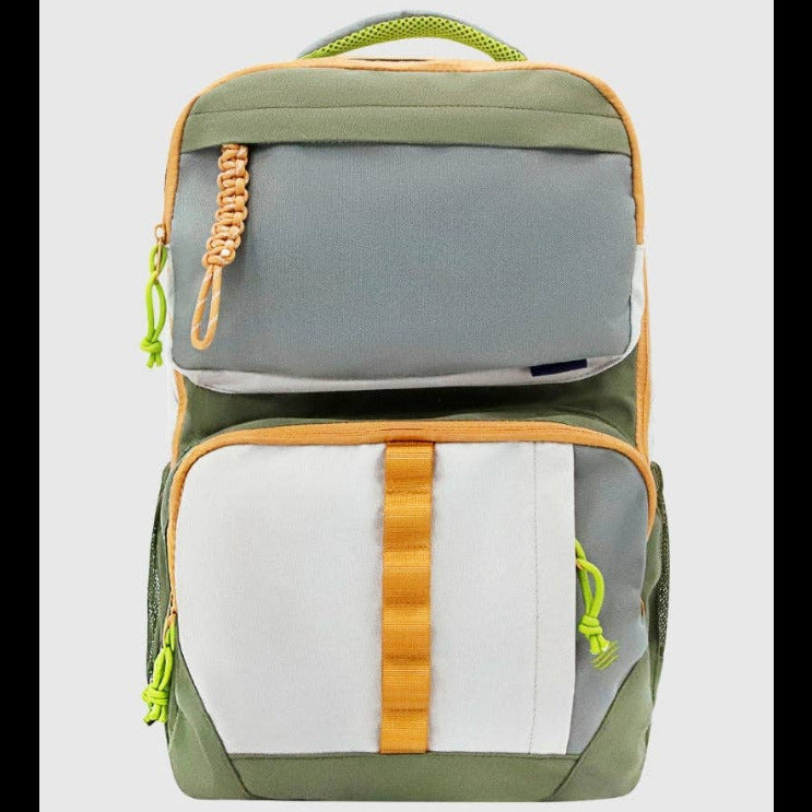 A color-blocked backpack with olive green, light gray, and white panels, accented with bright yellow-orange trim and zippers, and lime green drawstrings, shown against a light gray background.