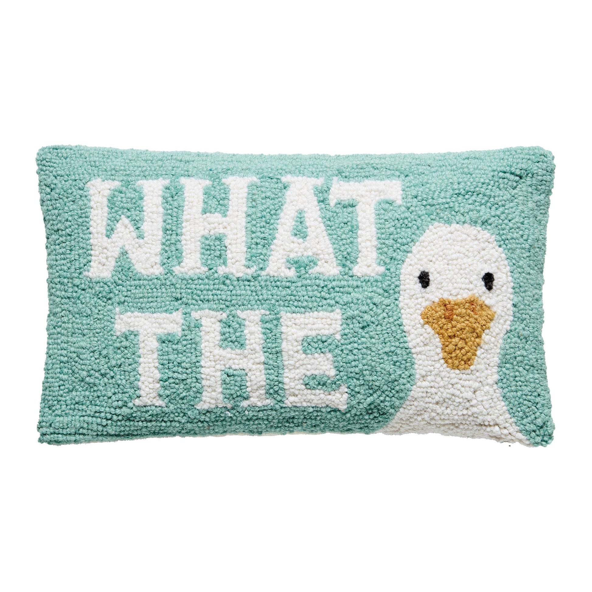 Pillow with duck face and 'WHAT THE' text on a light blue background
