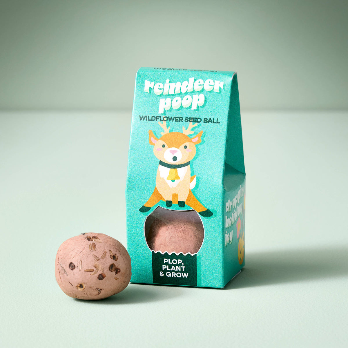 A pink wildflower seed ball sits in front of its teal packaging box labeled 'reindeer poop' and 'WILDFLOWER SEED BALL' on a light gray background.