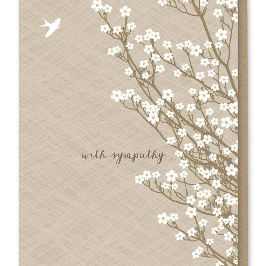 Greeting card with floral design and 'with sympathy' text on a textured beige background