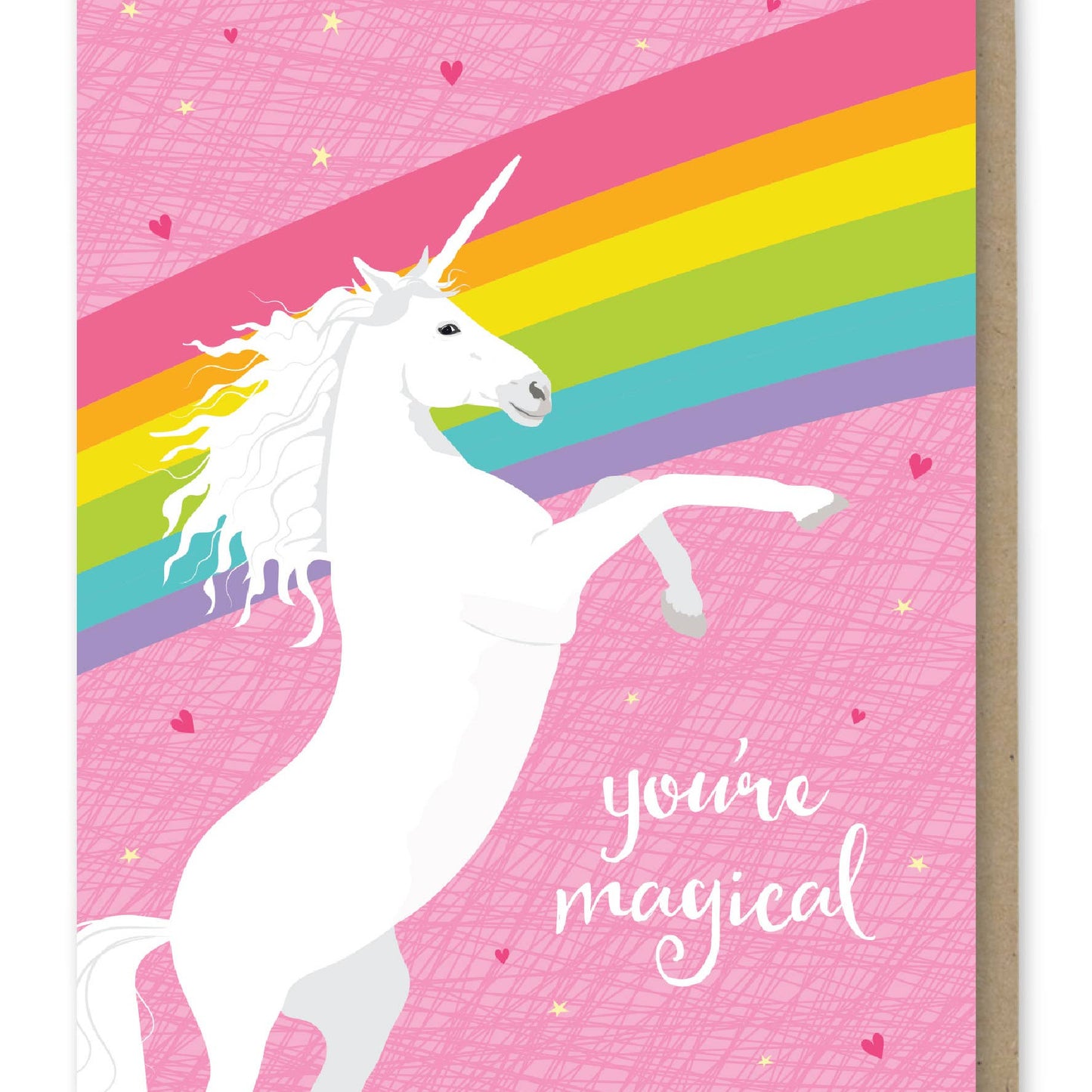 Card with a unicorn and rainbow on a pink background, featuring the text 'you're magical'.